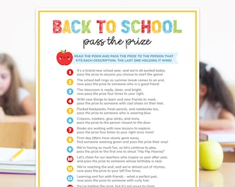 Juego de pasar el premio para la vuelta al cole, Poema de pasar el regalo para el aula, Juegos para niños del primer día de clase, Material imprimible para profesores, Juegos para fiestas de clase