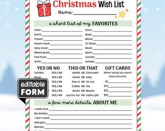 Editable Christmas Wish List Questionnaire Printable, Coworker Secret Santa Survey, Christmas Gift Exchange, Favorite Things, Canva Template