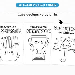 Op de afbeelding: Een set van 20 Vaderdagkaarten met zwart-witte lijntekeningen om in te kleuren. De kaarten bevatten illustraties van een lachend frietbakje met de tekst 'Dad, you are FRY-TASTIC', een trofee met 'You are a real CHAMPION' en een paraplu met 'YOU SHOWER me with love'.