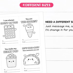 K&ouml;nnte beinhalten: Vier druckbare Valentinstagskarten mit niedlichen Illustrationen und Platz zum Ausf&uuml;llen f&uuml;r "An:" und "Von:". Die Karten zeigen einen Taschenrechner, ein Eis am Stiel, einen Popcorn-Eimer und einen Taco.