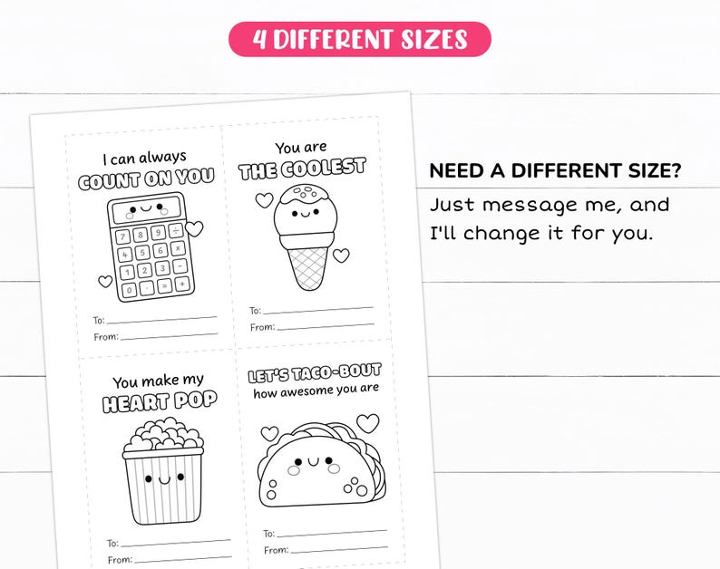 K&ouml;nnte beinhalten: Vier druckbare Valentinstagskarten mit niedlichen Illustrationen und Platz zum Ausf&uuml;llen f&uuml;r "An:" und "Von:". Die Karten zeigen einen Taschenrechner, ein Eis am Stiel, einen Popcorn-Eimer und einen Taco.