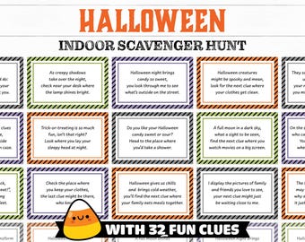 Indoor Halloween Scavenger Hunt Clues, Indoor Halloween Scavenger Hunt for Kids, Easy Halloween Treasure Hunt Riddles, Halloween Party Games