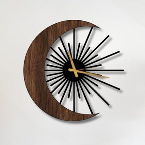 Moon And Sun Unique Wall Clock, Wooden Large Wall Clocks, Modern Decorative Design
