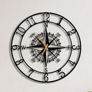 Compass Clock With Numbers, Large Wall Clock, Kitchen Wall Clock, Black Clock, Man Cave Wall Clock, Oversized Wall Clock, Art Deco Clock