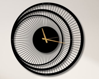 Reloj de pared de metal de diseño único, reloj de pared redondo, reloj de pared de metal de triple círculo, reloj de arte de pared negro grande, reloj de pared moderno