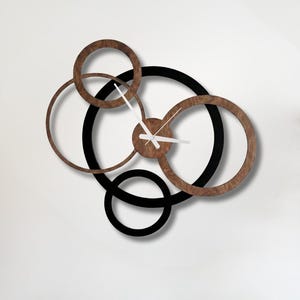 Industrial Cricles Wood Wall Clock, Oversized Metal Frame, Silent Quartz Movement, Housewarming gifts