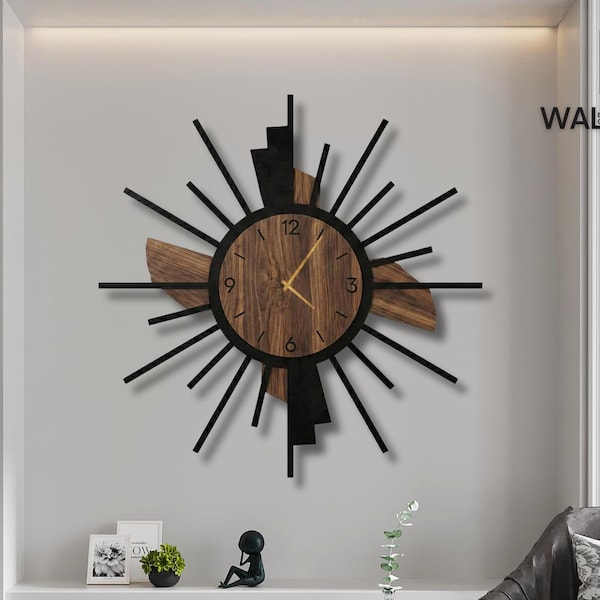 Modern Sunburst Wall Clock, Wood Oversized Design, Mid Century  Decor