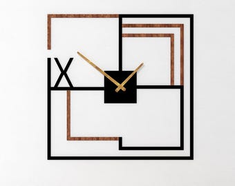 Stor fyrkantig väggklocka i trä och metall – modern geometrisk design (50–100 cm)