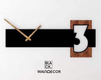 Horizontal Wood Wall Clock With Numbers, Modern Silent Living Room Decor, Kitchen Clock