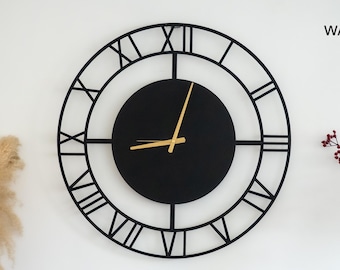Metal Wall Clock With Roman Numeral, Farmhouse Decor, Oversized, Silent Quartz, Black Frame