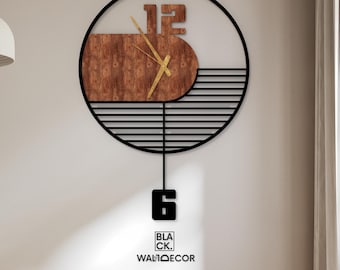 Wooden Wall Clock With Number, Large Metal Frame, Silent Design For Living Room