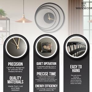 Modern black metal wall clock features — silent quartz movement, 2 mm metal frame, energy efficient, easy to hang.