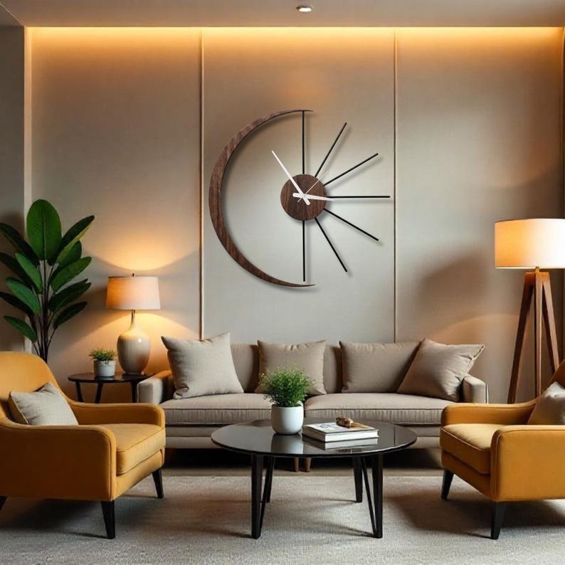 Statement moon wall clock with crescent wood and metal sunburst design in modern living room decor