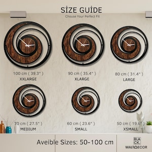 May include: A size guide displays six spiral-design wall clocks with wooden centers and black frames. Sizes range from 19.6 inches to 39.3 inches. The text "SIZE GUIDE" and "Chouse Your Perfect Fit" are at the top. The brand name is "BLACK. WALIDECOR".