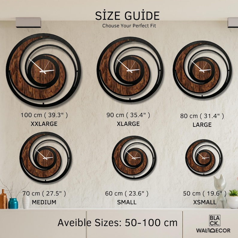 May include: A size guide displays six spiral-design wall clocks with wooden centers and black frames. Sizes range from 19.6 inches to 39.3 inches. The text "SIZE GUIDE" and "Chouse Your Perfect Fit" are at the top. The brand name is "BLACK. WALIDECOR".