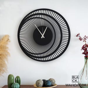 Modern black metal wall clock with silver hands in a clean living room setup, contemporary minimalist wall art.