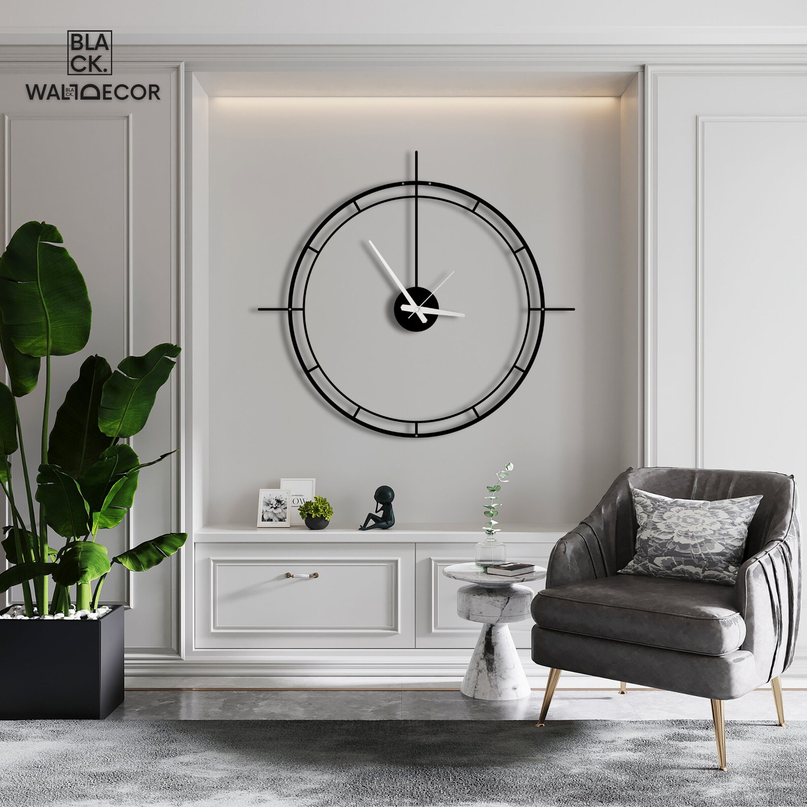Black Minimalist Metal Wall Clock, Silent Quartz, Large Lines Design ...