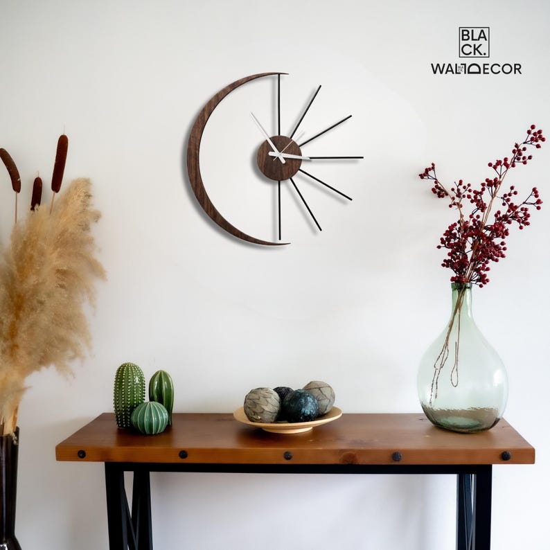 Horloge murale lune et soleil, décoration de salon moderne, horloges murales inhabituelles, quartz silencieux Silver