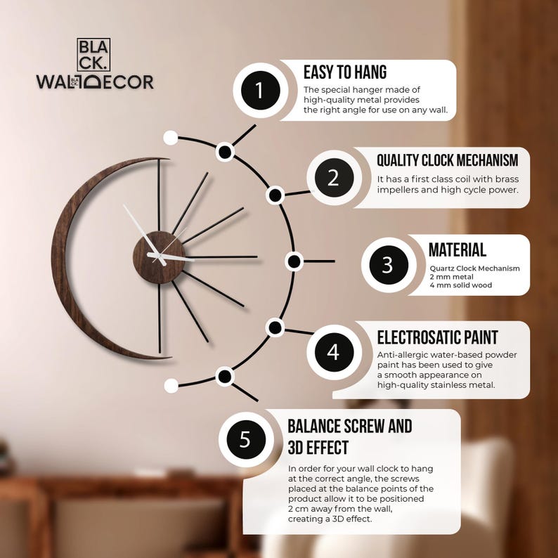 Large moon wall clock with crescent wood form and metal sunburst rays styled in a modern living room interior