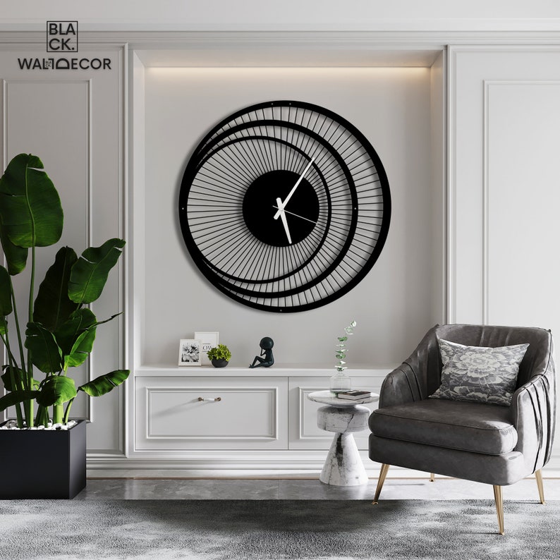 Unique Design Metal Wall Clock, Round Wall Clock, Triple Circle Metal Wall Clock, Large Black Wall Art Clock, Modern Wall Clock Silver