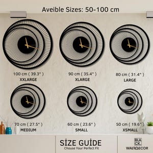 Size guide for modern black metal wall clock from 50 cm to 100 cm with triple circle design, choose the perfect fit.