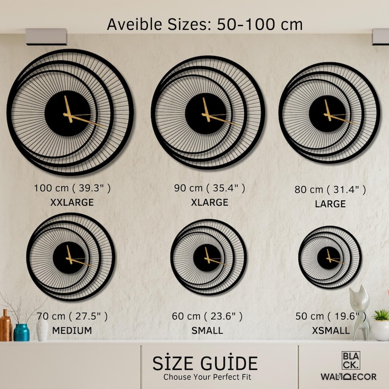 Size guide for modern black metal wall clock from 50 cm to 100 cm with triple circle design, choose the perfect fit.