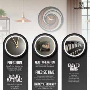 May include: A black and brown wall clock with a spiral design. The clock features a dark face with gold hands. The image also highlights the clock's precision, quality materials, quiet operation, and easy hanging.