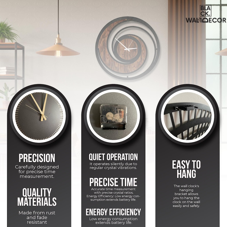 May include: A black and brown wall clock with a spiral design. The clock features a dark face with gold hands. The image also highlights the clock's precision, quality materials, quiet operation, and easy hanging.