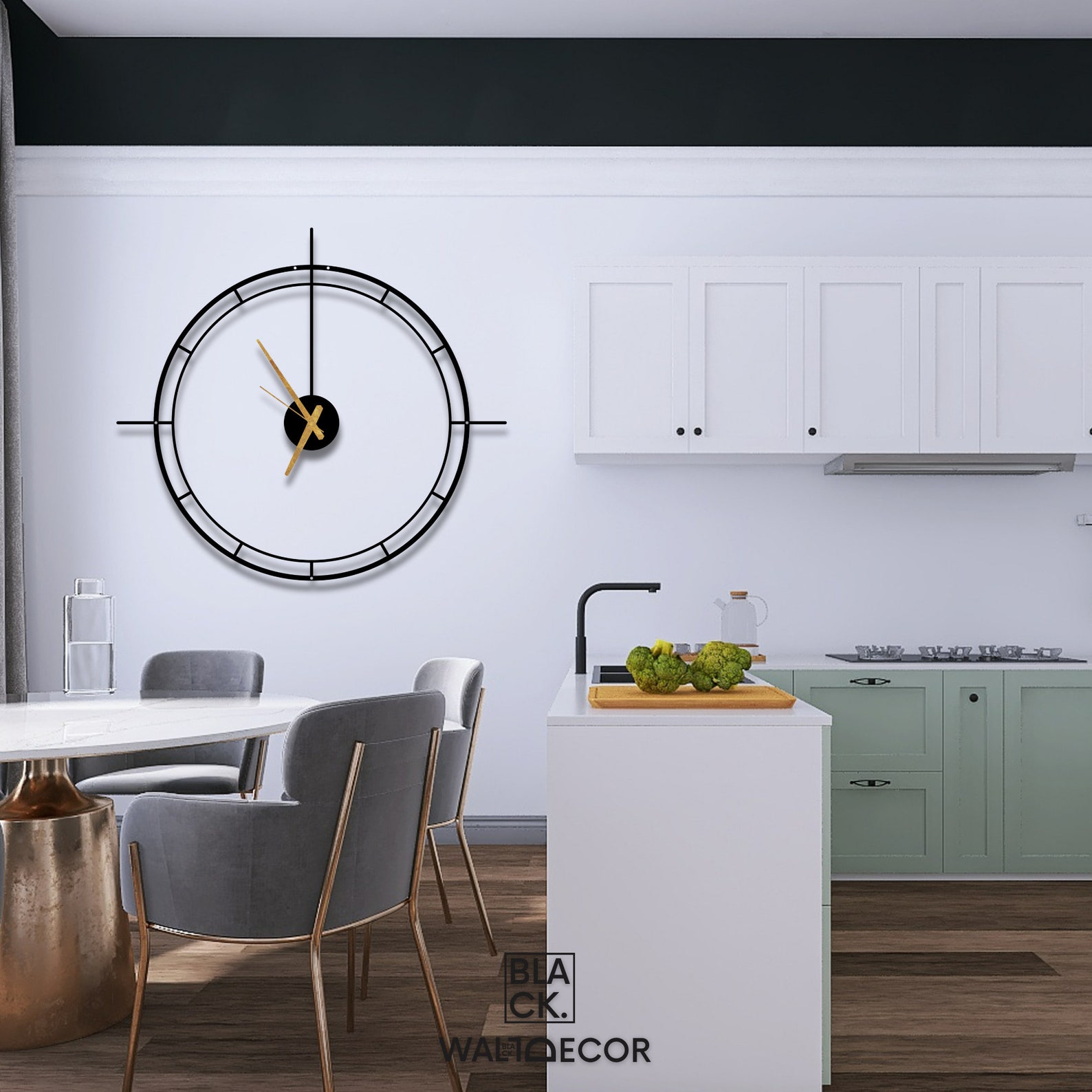 Black Minimalist Metal Wall Clock, Silent Quartz, Large Lines Design ...
