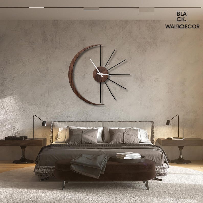 Crescent moon wall clock with wood and metal design used as boho bedroom wall decor above bed