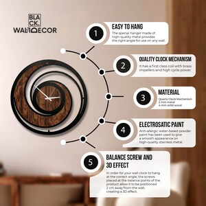 May include: Black and brown wall clock with a unique spiral design. The clock features a quartz mechanism, 2 mm metal, and 4 mm solid wood. The clock has a special hanger for easy installation and a 3D effect. The text on the image says "BLA CK. WALDECOR".