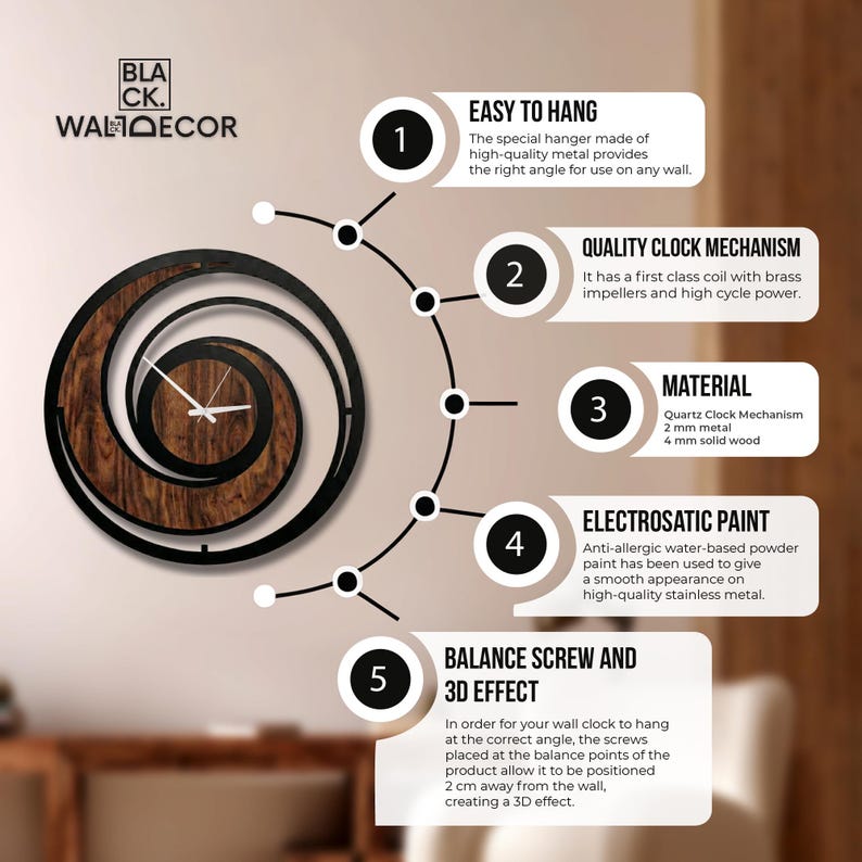 May include: Black and brown wall clock with a unique spiral design. The clock features a quartz mechanism, 2 mm metal, and 4 mm solid wood. The clock has a special hanger for easy installation and a 3D effect. The text on the image says "BLA CK. WALDECOR".