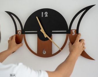 Moon Phase Wall Clock, Wooden Large Wall Clocks, Unique Celestial Design For Living Room