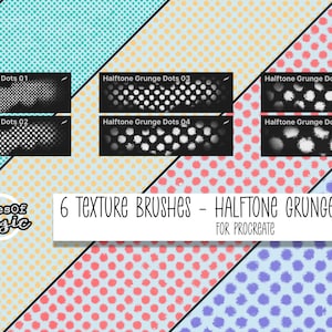 Puede incluir: Seis pinceles de textura de puntos grunge en semitono para Procreate. Los pinceles se muestran sobre un fondo de lunares de colores.