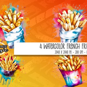 May include: Four watercolor illustrations of french fries in paper cones. The fries are yellow and the cones are white, blue, and pink. The background is a yellow watercolor wash with splashes of color.
