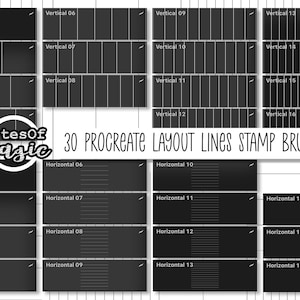 May include: A set of 30 Procreate layout lines stamp brushes for digital art. The brushes are organised into vertical and horizontal lines, with each brush featuring a different number of lines. The brushes are designed to help artists create clean and professional layouts for their digital artwork.