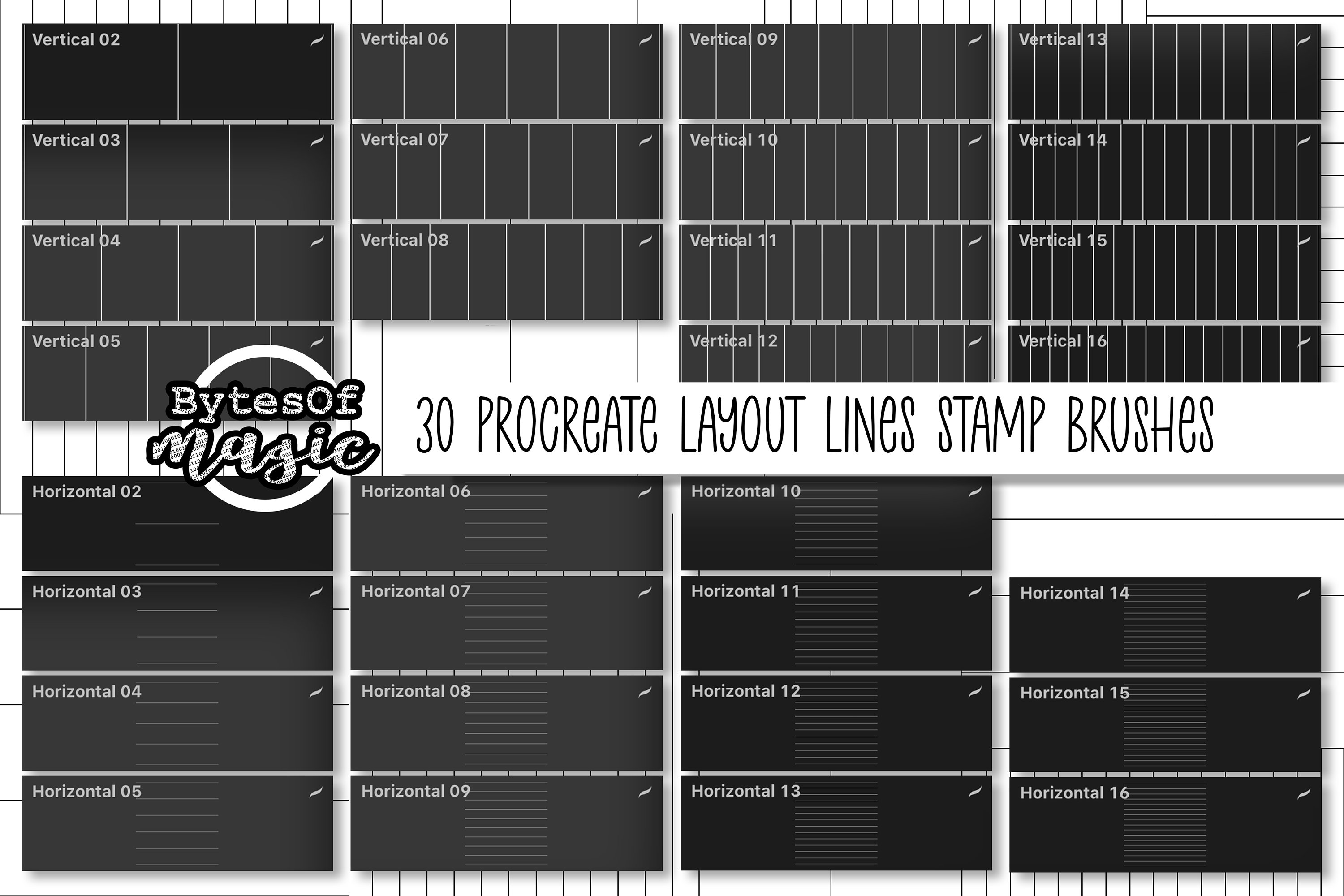 30 pinceles tampón de líneas de maquetación para Procreate – Creador de cuadrículas y tablas, divisores de página, bloques de plantillas