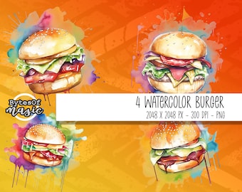 クラシックチーズバーガー PNG、水彩食品クリップアート、イラスト、商用利用