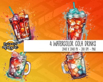 氷の入ったコーラドリンクグラス PNG、水彩食品クリップアート、イラスト、商用利用