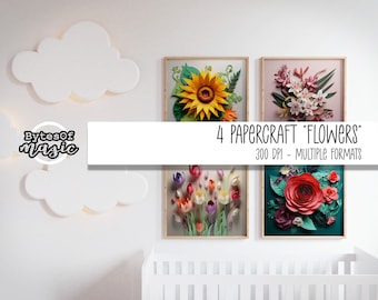 ペーパークラフトの花 - ウォールアート - プレイルームの装飾、保育園のプリントセット、デジタルダウンロード