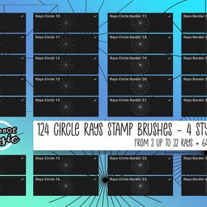 May include: A set of 124 digital stamp brushes featuring circle rays in four styles: Rays, Circle, Circle Border, and Border. The brushes range from 3 to 32 rays, plus a 64-ray brush. The image shows previews of the brushes on a black background.