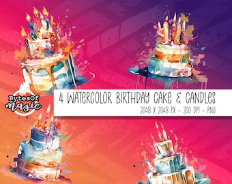 バースデーケーキ、もっとキャンドル、PNG、水彩画、食べ物クリップアート、クレイジー、イラスト、商用利用