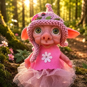 May include: A small fantasy creature doll with large green eyes, pointed ears, and a pink nose. It wears a textured mauve knit hat adorned with small flowers and a ladybug, a bright pink felt top with a white flower, and a layered tulle skirt.