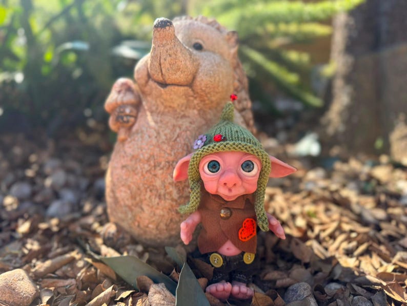 May include: A small, pink-skinned fantasy creature doll with large blue eyes, wearing a green knitted hat with a small red bead, a brown vest with a red heart patch, and dark pants with two yellow buttons, standing in front of a stone hedgehog.
