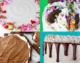 May include: Four different cakes decorated with chocolate cookies, frosting, and sprinkles. The cakes are white, brown, and gray.