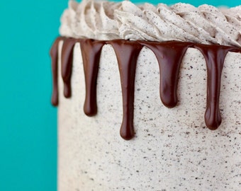 May include: A close-up of a white cake with a chocolate frosting drip. The cake is covered in a light brown, speckled frosting.
