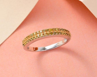 Yellow Diamond Double Row Band Ring in Yellow Rhodium and Platinum Over Sterling Silver