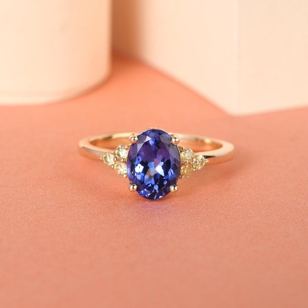 Premium AAAA Tanzanite and Yellow Diamond Ring in 14K Solid Yellow Gold, Tanzanite Ring, Tanzanite Jewelry, Promise Ring, Gift for Her