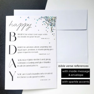 Cartão de aniversário com sigla cristã | Detalhes brilhantes | Feliz aniversário | Referências de versículos bíblicos | Mensagem interna | Cartão dobrado com envelope