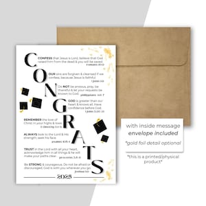Tarjeta con acrónimo cristiano "FELICIDADES" / Feliz graduación / Versículo bíblico / Tarjeta doblada con sobre / Ánimo